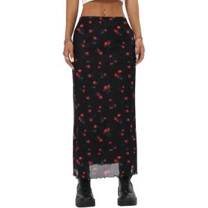 imageAvanova Women Mesh Floral Boho High Waist Midi Skirt Lettuce Trim Summer A Line SkirtCherry Black