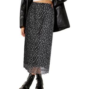 imageAvanova Women Mesh Floral Boho High Waist Midi Skirt Lettuce Trim Summer A Line SkirtFloral Black B