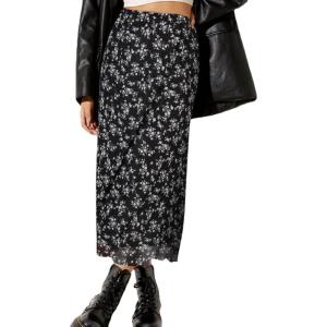 imageAvanova Women Mesh Floral Boho High Waist Midi Skirt Lettuce Trim Summer A Line SkirtFloral Black E
