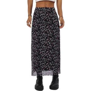 imageAvanova Women Mesh Floral Boho High Waist Midi Skirt Lettuce Trim Summer A Line SkirtFloral Black V