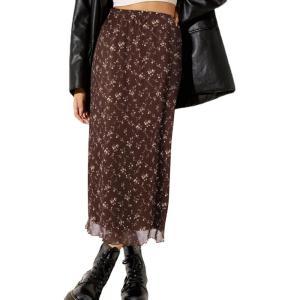 imageAvanova Women Mesh Floral Boho High Waist Midi Skirt Lettuce Trim Summer A Line SkirtFloral Dark Brown