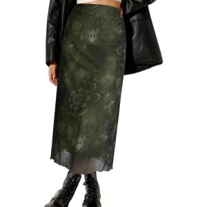 imageAvanova Women Mesh Floral Boho High Waist Midi Skirt Lettuce Trim Summer A Line SkirtFloral Green R