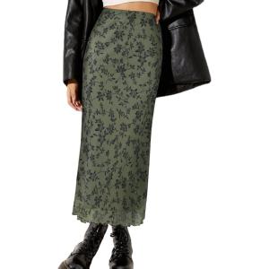 imageAvanova Women Mesh Floral Boho High Waist Midi Skirt Lettuce Trim Summer A Line SkirtGreen Floral C