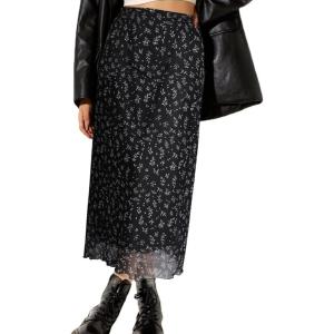 imageAvanova Women Mesh Floral Boho High Waist Midi Skirt Lettuce Trim Summer A Line SkirtNavy Black