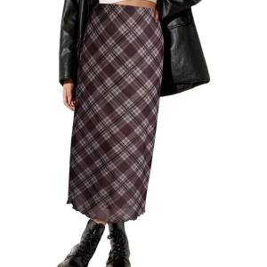 imageAvanova Women Mesh Floral Boho High Waist Midi Skirt Lettuce Trim Summer A Line SkirtPlaid Brwon