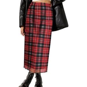 imageAvanova Women Mesh Floral Boho High Waist Midi Skirt Lettuce Trim Summer A Line SkirtRed Plaid