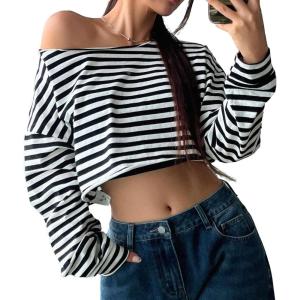 imageAvanova Women Off Shoulder Boat Neck Crop Tops Long Sleeves Oversized Loose Tee ShirtsBlack Striped