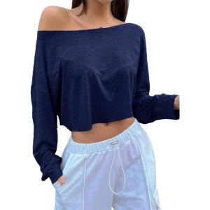 imageAvanova Women Off Shoulder Boat Neck Crop Tops Long Sleeves Oversized Loose Tee ShirtsBlue