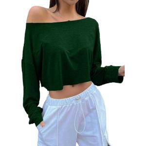 imageAvanova Women Off Shoulder Boat Neck Crop Tops Long Sleeves Oversized Loose Tee ShirtsDrak Green