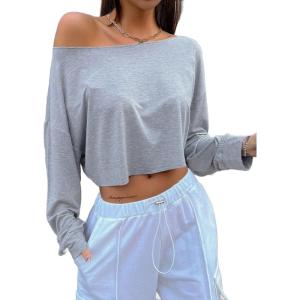 imageAvanova Women Off Shoulder Boat Neck Crop Tops Long Sleeves Oversized Loose Tee ShirtsGrey