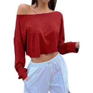 imageAvanova Women Off Shoulder Boat Neck Crop Tops Long Sleeves Oversized Loose Tee ShirtsRed
