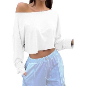 imageAvanova Women Off Shoulder Boat Neck Crop Tops Long Sleeves Oversized Loose Tee ShirtsWhite
