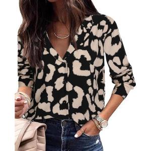 imageAvanova Women Pattern Print Button Down Blouse Top Long Sleeve Work Business ShirtBlack Leopard