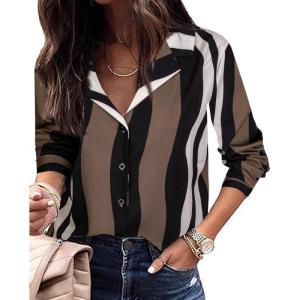 imageAvanova Women Pattern Print Button Down Blouse Top Long Sleeve Work Business ShirtBrown