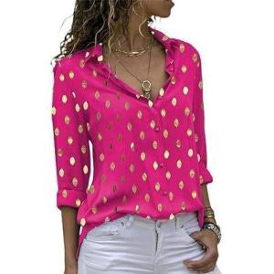imageAvanova Women Pattern Print Button Down Blouse Top Long Sleeve Work Business ShirtGold Dot Hot Pink