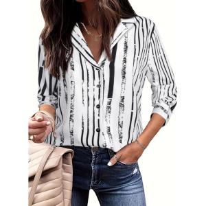 imageAvanova Women Pattern Print Button Down Blouse Top Long Sleeve Work Business ShirtStriped White