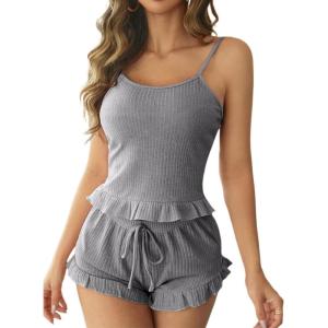imageAvanova Women Ruffle Ribbed Knit Pajama Set Cami Top Shorts 2 Piece Sleepwear SetGrey Ruffle