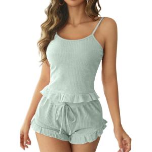 imageAvanova Women Ruffle Ribbed Knit Pajama Set Cami Top Shorts 2 Piece Sleepwear SetLight Green