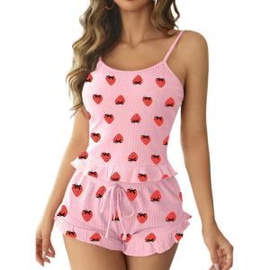 imageAvanova Women Ruffle Ribbed Knit Pajama Set Cami Top Shorts 2 Piece Sleepwear SetPink Strawberry