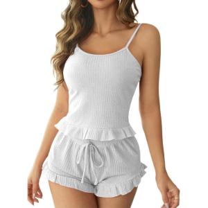 imageAvanova Women Ruffle Ribbed Knit Pajama Set Cami Top Shorts 2 Piece Sleepwear SetWhite