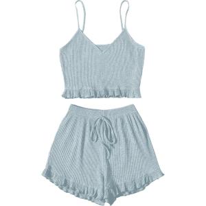 imageAvanova Women Sexy 2 Piece Pajama Set Ruffle Trim Cami Top and Shorts Sleepwear SetA Green