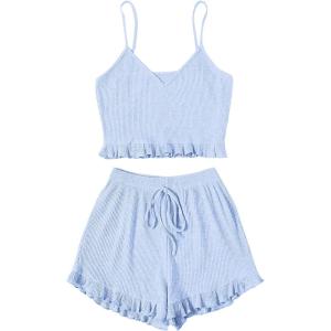 imageAvanova Women Sexy 2 Piece Pajama Set Ruffle Trim Cami Top and Shorts Sleepwear SetBlue