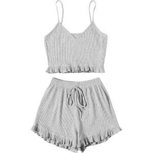 imageAvanova Women Sexy 2 Piece Pajama Set Ruffle Trim Cami Top and Shorts Sleepwear SetGrey