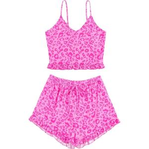 imageAvanova Women Sexy 2 Piece Pajama Set Ruffle Trim Cami Top and Shorts Sleepwear SetHot Pink Leopard