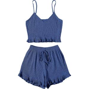 imageAvanova Women Sexy 2 Piece Pajama Set Ruffle Trim Cami Top and Shorts Sleepwear SetNavy