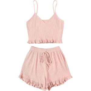 imageAvanova Women Sexy 2 Piece Pajama Set Ruffle Trim Cami Top and Shorts Sleepwear SetPink