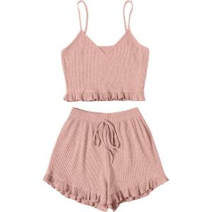 imageAvanova Women Sexy 2 Piece Pajama Set Ruffle Trim Cami Top and Shorts Sleepwear SetSolid Pink
