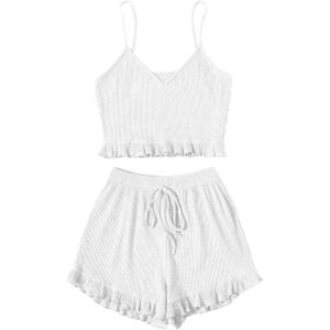 imageAvanova Women Sexy 2 Piece Pajama Set Ruffle Trim Cami Top and Shorts Sleepwear SetWhite B