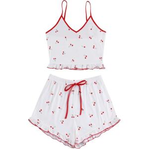 imageAvanova Women Sexy 2 Piece Pajama Set Ruffle Trim Cami Top and Shorts Sleepwear SetWhite C