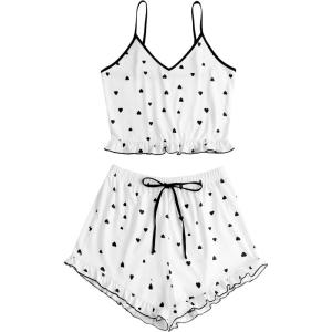 imageAvanova Women Sexy 2 Piece Pajama Set Ruffle Trim Cami Top and Shorts Sleepwear SetWhite Heart