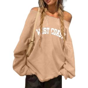 imageAvanova Women West Coast Graphic Off Shoulder Sweatshirt Boat Neck Long Sleeve Oversized Pullover ShirtBeige