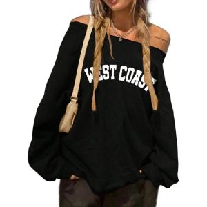 imageAvanova Women West Coast Graphic Off Shoulder Sweatshirt Boat Neck Long Sleeve Oversized Pullover ShirtBlack