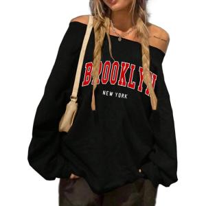 imageAvanova Women West Coast Graphic Off Shoulder Sweatshirt Boat Neck Long Sleeve Oversized Pullover ShirtBlack B