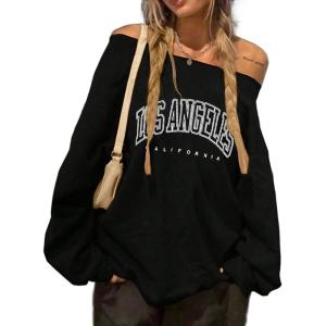 imageAvanova Women West Coast Graphic Off Shoulder Sweatshirt Boat Neck Long Sleeve Oversized Pullover ShirtBlack L
