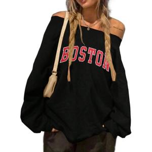imageAvanova Women West Coast Graphic Off Shoulder Sweatshirt Boat Neck Long Sleeve Oversized Pullover ShirtBlack N