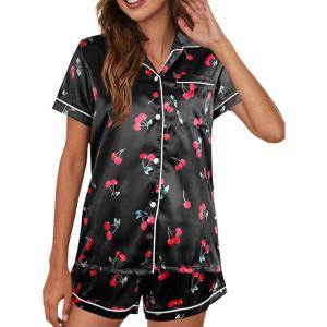 imageAvanova Womens Pajama Set Satin Short Sleeve Button Down 2 Piece SleepwearBlack Cherry