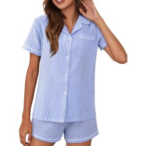 imageAvanova Womens Pajama Set Satin Short Sleeve Button Down 2 Piece SleepwearBlue Striped 01