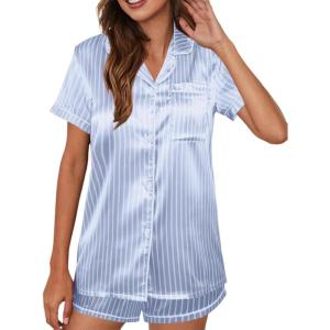 imageAvanova Womens Pajama Set Satin Short Sleeve Button Down 2 Piece SleepwearBlue Striped