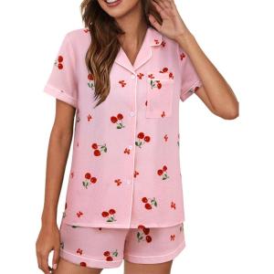 imageAvanova Womens Pajama Set Satin Short Sleeve Button Down 2 Piece SleepwearCherry Pink