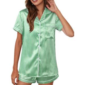 imageAvanova Womens Pajama Set Satin Short Sleeve Button Down 2 Piece SleepwearGreen Striped