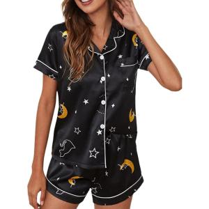 imageAvanova Womens Pajama Set Satin Short Sleeve Button Down 2 Piece SleepwearMoonblack