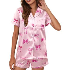 imageAvanova Womens Pajama Set Satin Short Sleeve Button Down 2 Piece SleepwearPink Knot