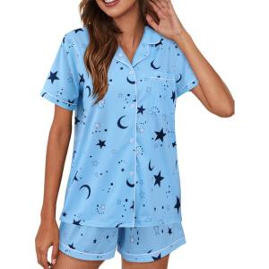 imageAvanova Womens Pajama Set Satin Short Sleeve Button Down 2 Piece SleepwearStars Moon Blue