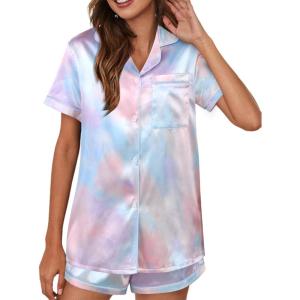 imageAvanova Womens Pajama Set Satin Short Sleeve Button Down 2 Piece SleepwearTie Dye Mulit