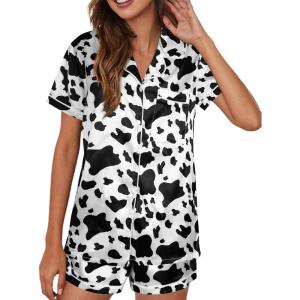 imageAvanova Womens Pajama Set Satin Short Sleeve Button Down 2 Piece SleepwearWhite Cow