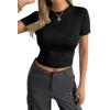 imageAvanova Women Cotton Tshirt Basic Short Sleeve Crop Top Ruched Fitted Baby Tee ShirtsBlack